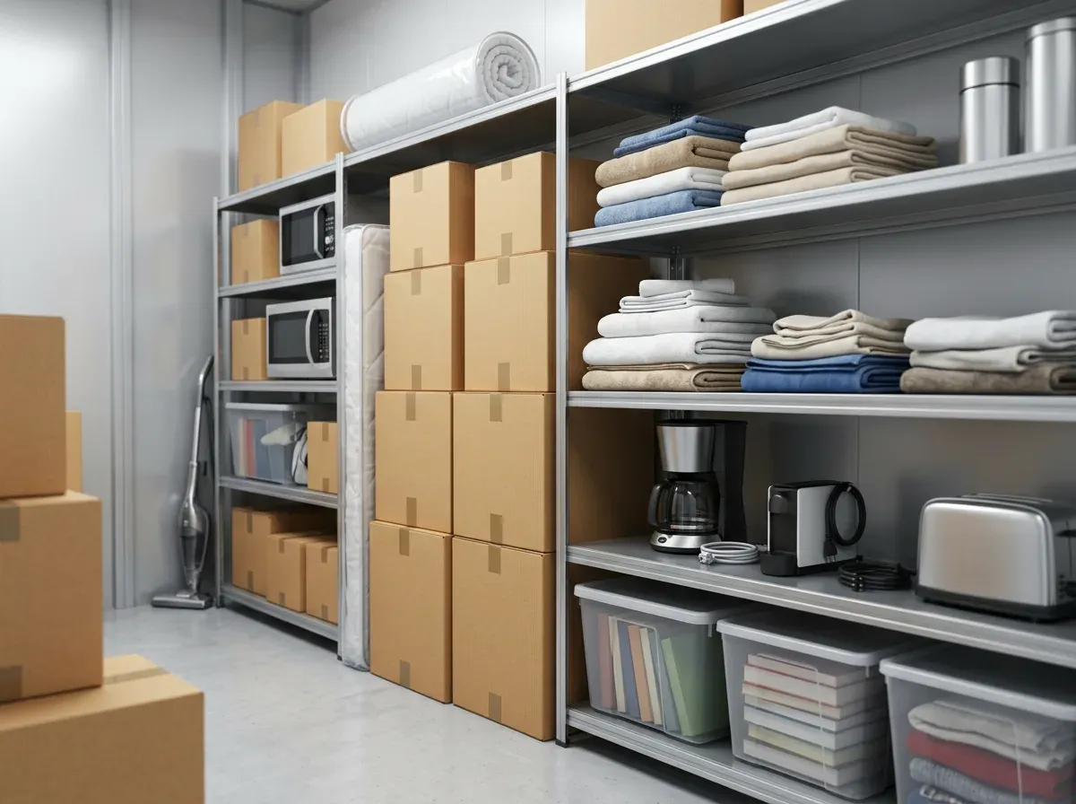 Home goods stored in a storage unit, including a vacuum, linens, and boxes.